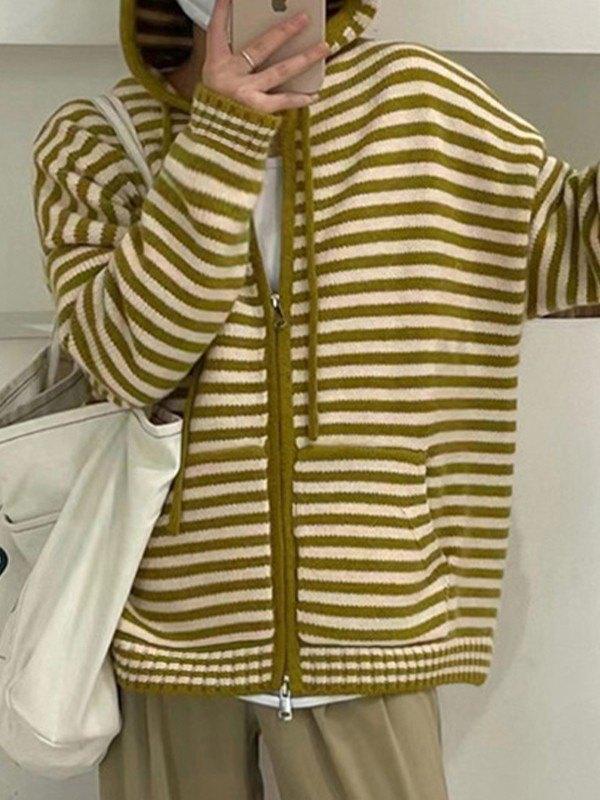 Hooded Striped Long Sleeve Knit Cardigan - AnotherChill