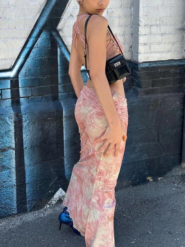 Irregular Print Cutout Corset Mermaid Hem Two Piece - AnotherChill
