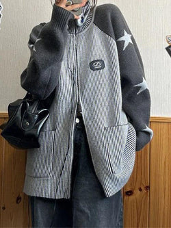 Knit Star Print Loose High Neck Cardigan - AnotherChill