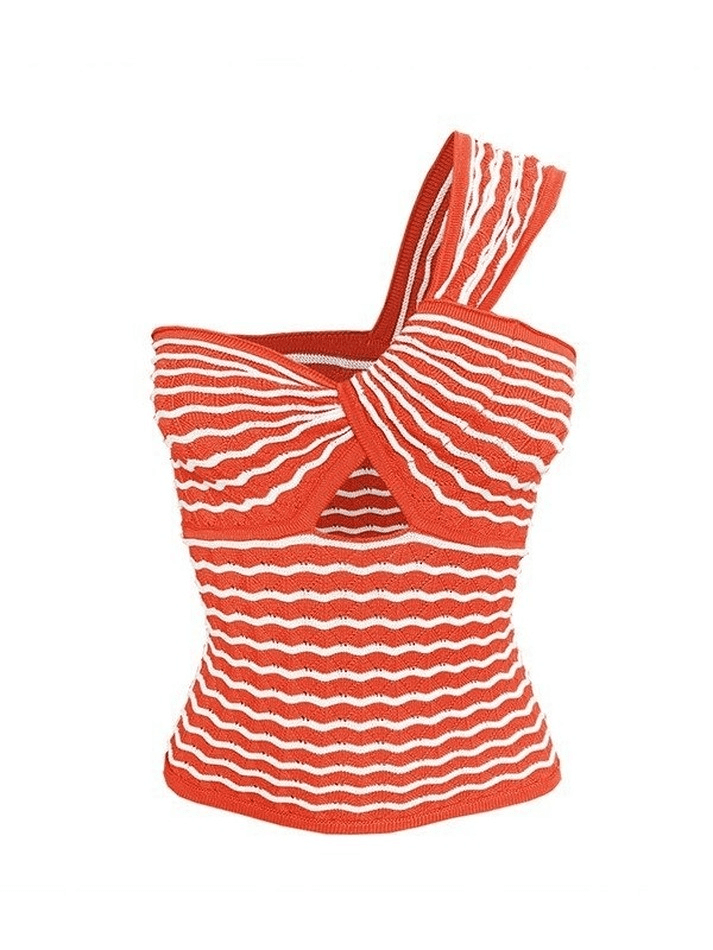 Knitted Stripe One Shoulder Tank Top - AnotherChill