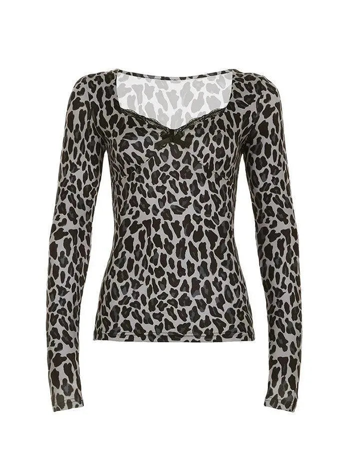 Lace Leopard Print V-Neck Fitted Long Sleeve Top - AnotherChill