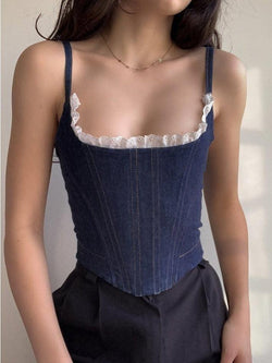 Lace Paneled Denim Corset Top - AnotherChill