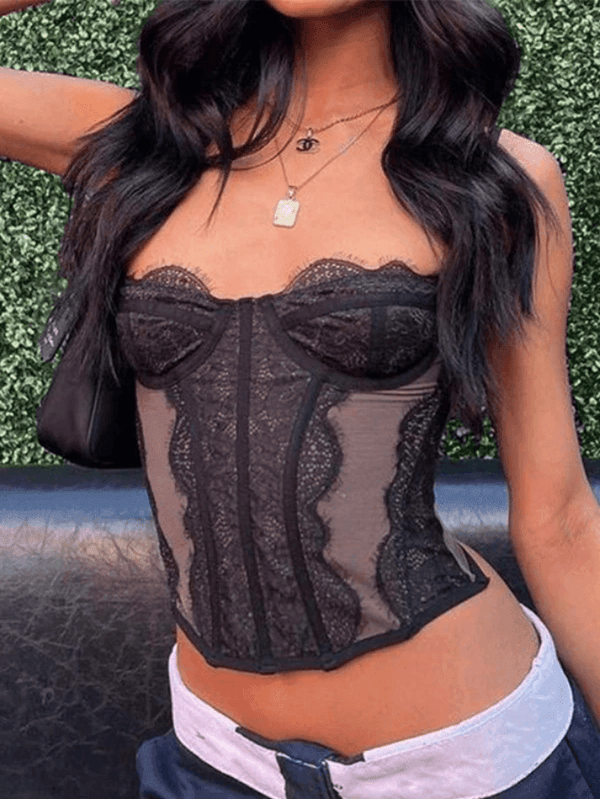 Lace Paneled Mesh Corset Top - AnotherChill