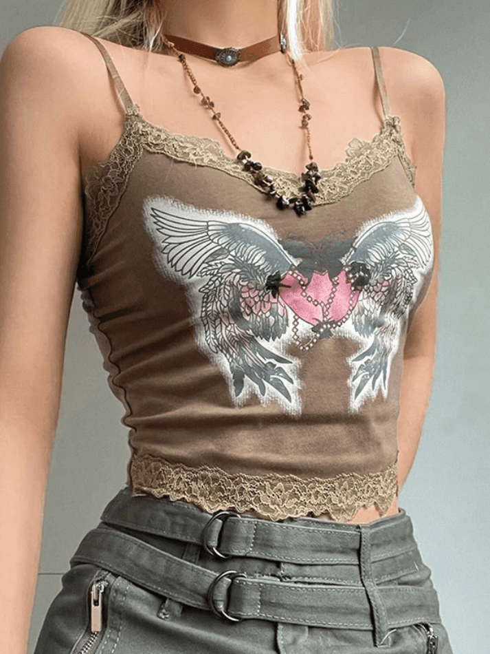 Lace Paneled Winged Heart Crop Cami Top - AnotherChill