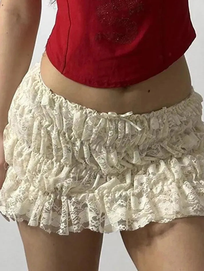 Lace Ruched Low-Rise Double-Layer Mini Skirt - AnotherChill