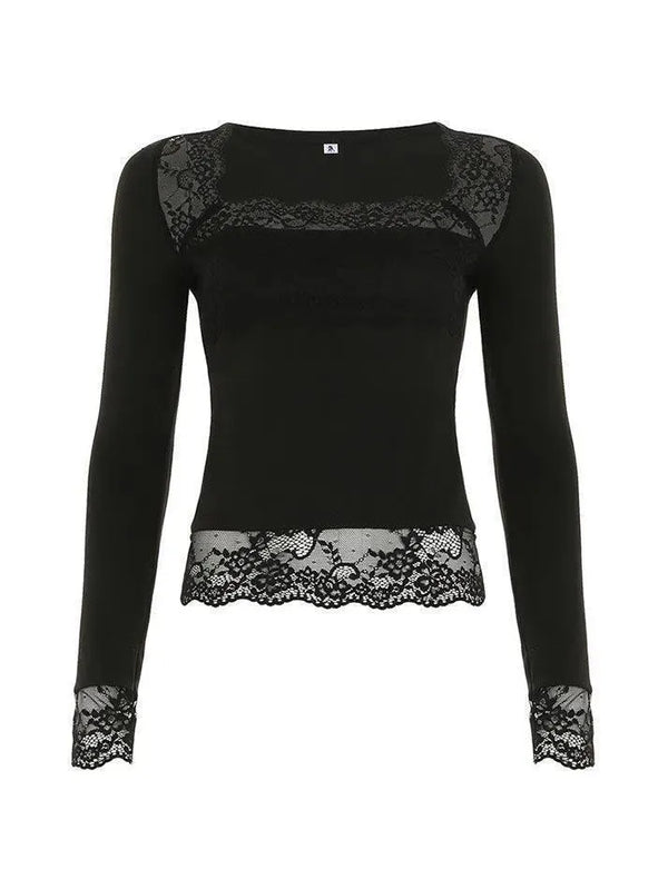 Lace Square Neck Long Sleeve Top - AnotherChill