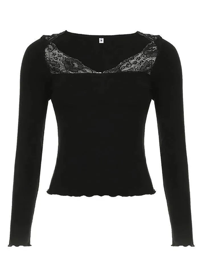 Lace Square Neck Ruffle Trim Long Sleeve Top - AnotherChill