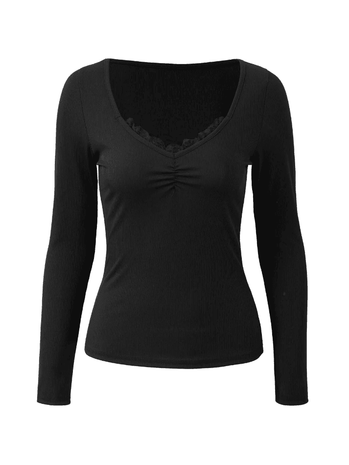 Lace Trim Black Long Sleeve Knit Top - AnotherChill