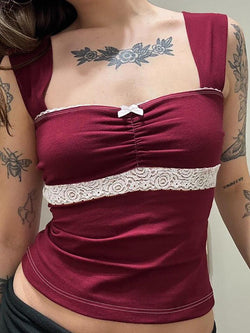 Lace Trim Bow Contrast Tank Top - AnotherChill