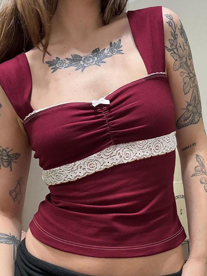 Lace Trim Bow Contrast Tank Top - AnotherChill