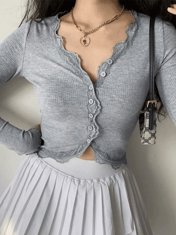 Lace Trim Button Front Knit Crop Top - AnotherChill