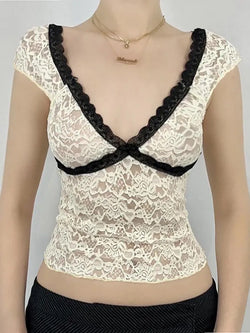 Lace Trim Contrast Hollow Out V-Neck Crop Top - AnotherChill