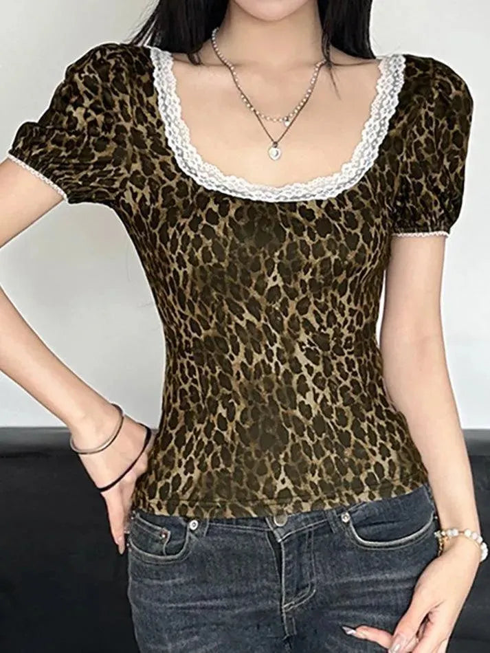 Lace Trim Leopard Print Square Neck Puff Sleeve Top - AnotherChill