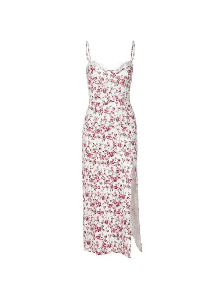 Lace Trim Slit Floral Maxi Dress - AnotherChill