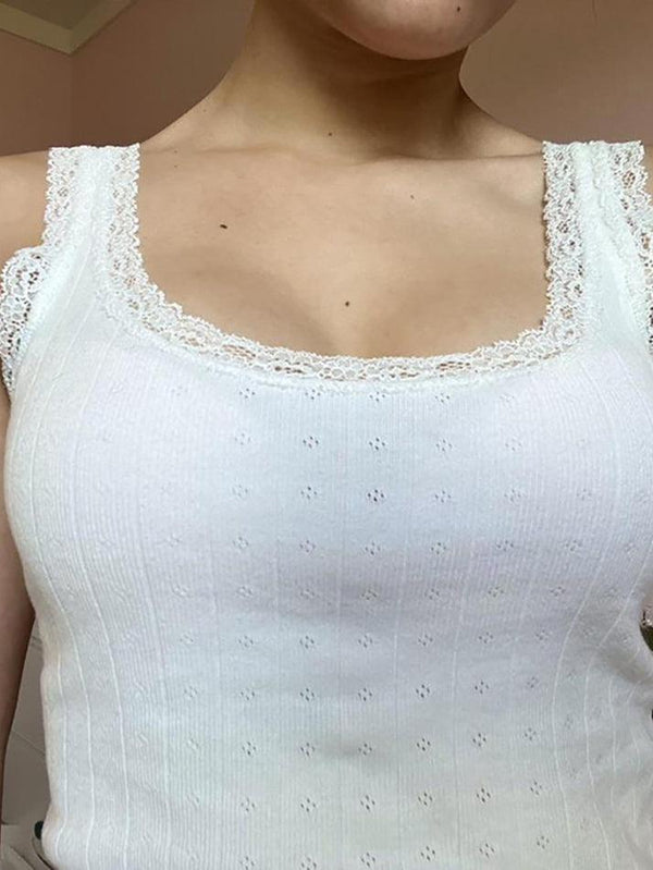 Lace Trim White Cropped Tank Top - AnotherChill