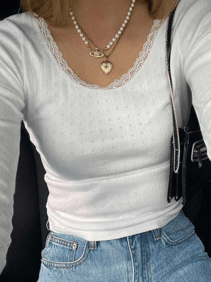 Lace Trim White Knit Top - AnotherChill