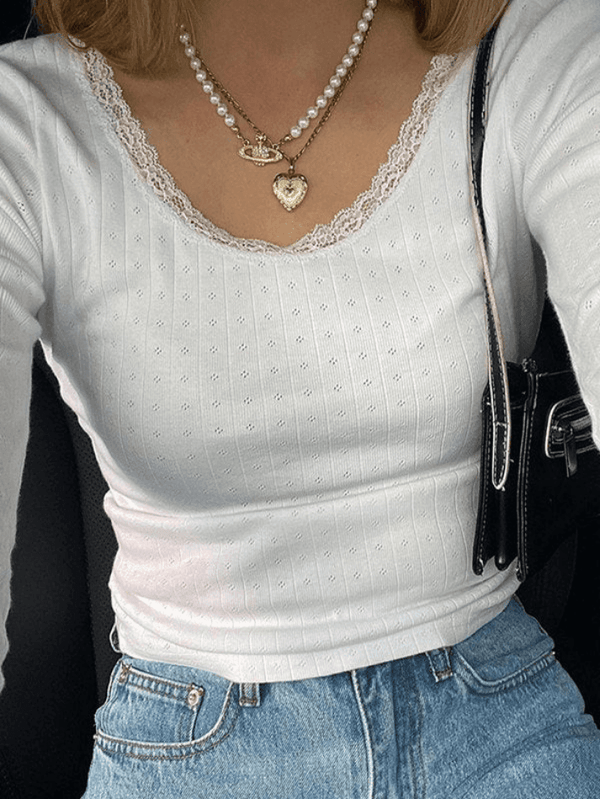 Lace Trim White Knit Top - AnotherChill