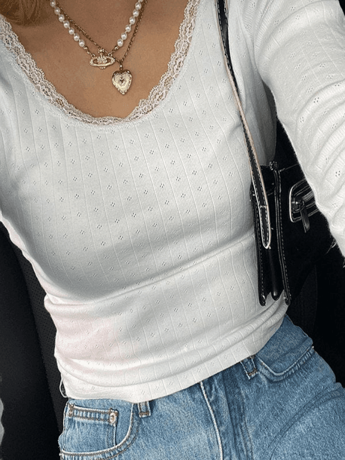 Lace Trim White Knit Top - AnotherChill