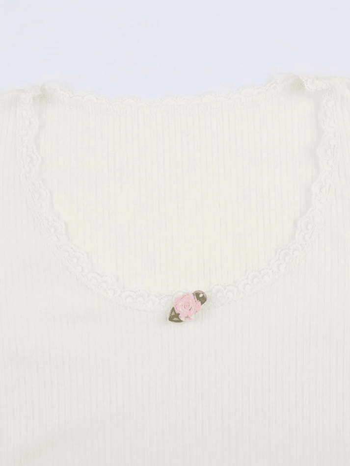 Lace Trim White Ribbed Knit Top - AnotherChill