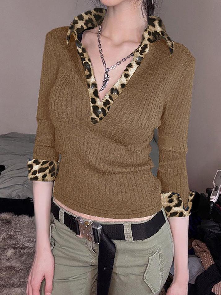 Leopard Print Contrast Patchwork Knit Top - AnotherChill