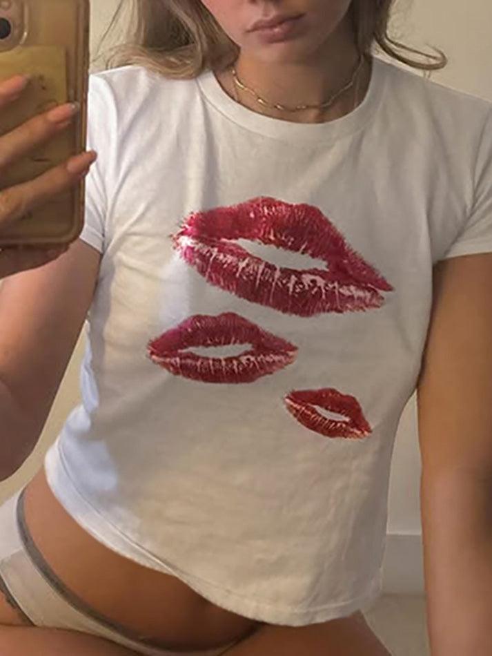 Lip Print Crew Neck Crop Top - AnotherChill