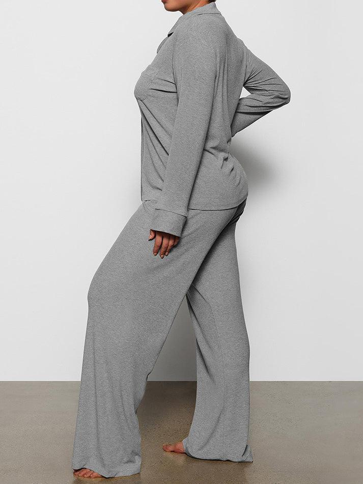 Long Sleeve Button Down Ribbed Knit Pajamas Set - AnotherChill