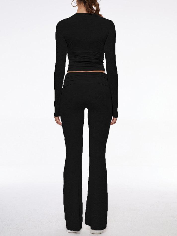 Long Sleeve Cropped Top Fold-over Flare Pants Set - AnotherChill