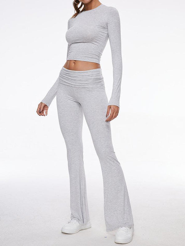 Long Sleeve Cropped Top Fold-over Flare Pants Set - AnotherChill