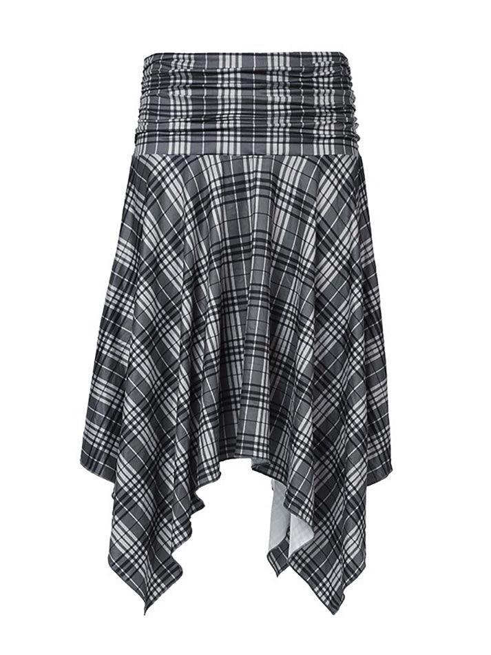 Low Rise Plaid Asymmetric-Hem Midi A-Line Skirt - AnotherChill