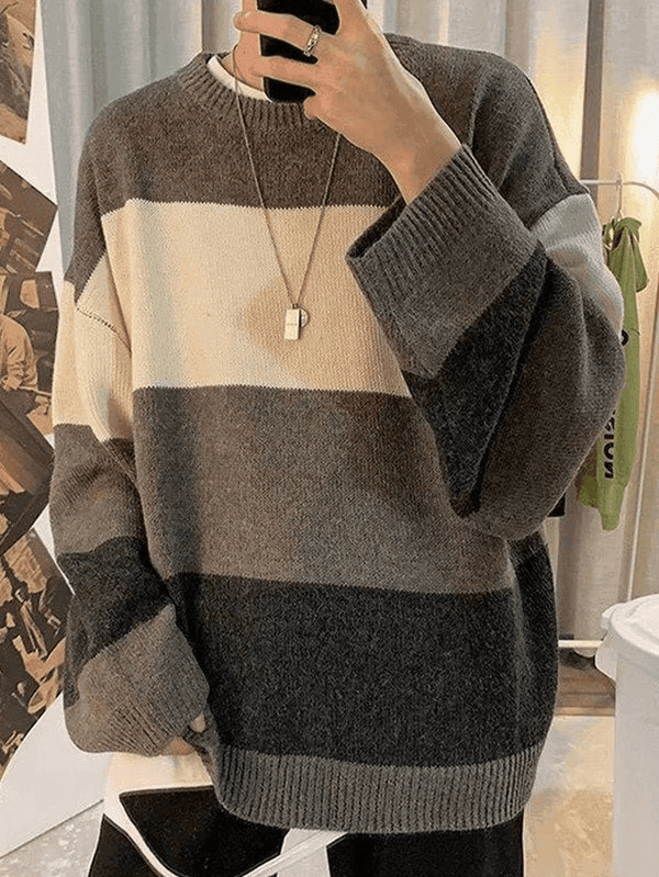 Men's Contrast Striped Long Sleeve Knit Sweater - AnotherChill
