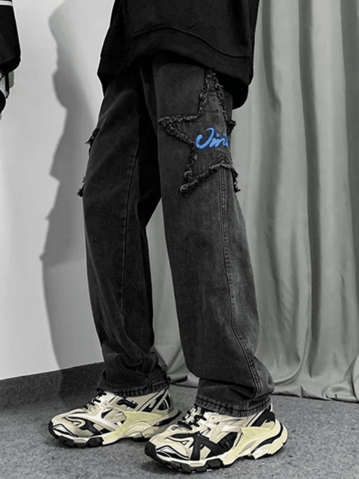 Men's Distressed Star Embroidered Loose Jeans - AnotherChill