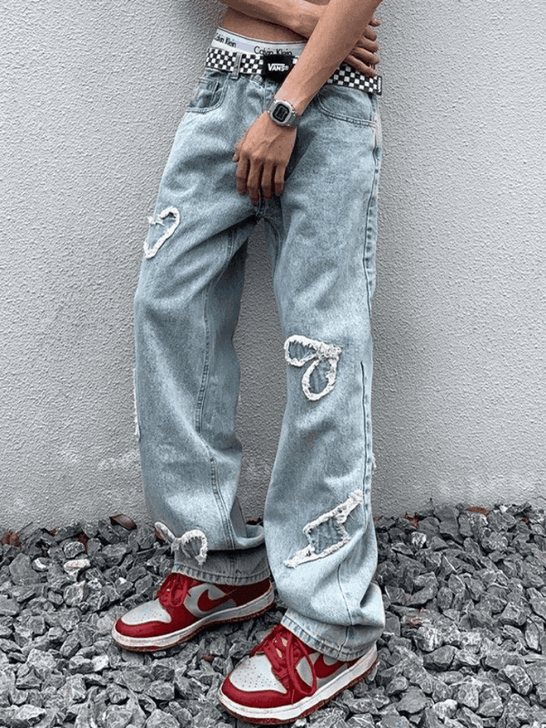 Men's Heart Patch Light Wash Loose Jeans - AnotherChill