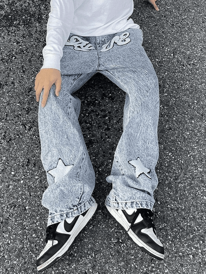 Men's Letter Star Embroidered Acid Wash Loose Jeans - AnotherChill