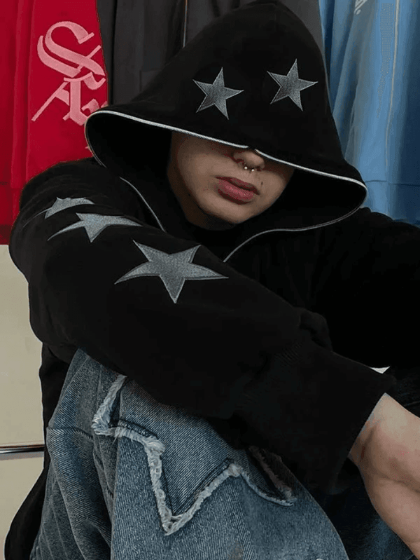 Men's Punk Star Embroidery Zip-Up Hoodie - AnotherChill