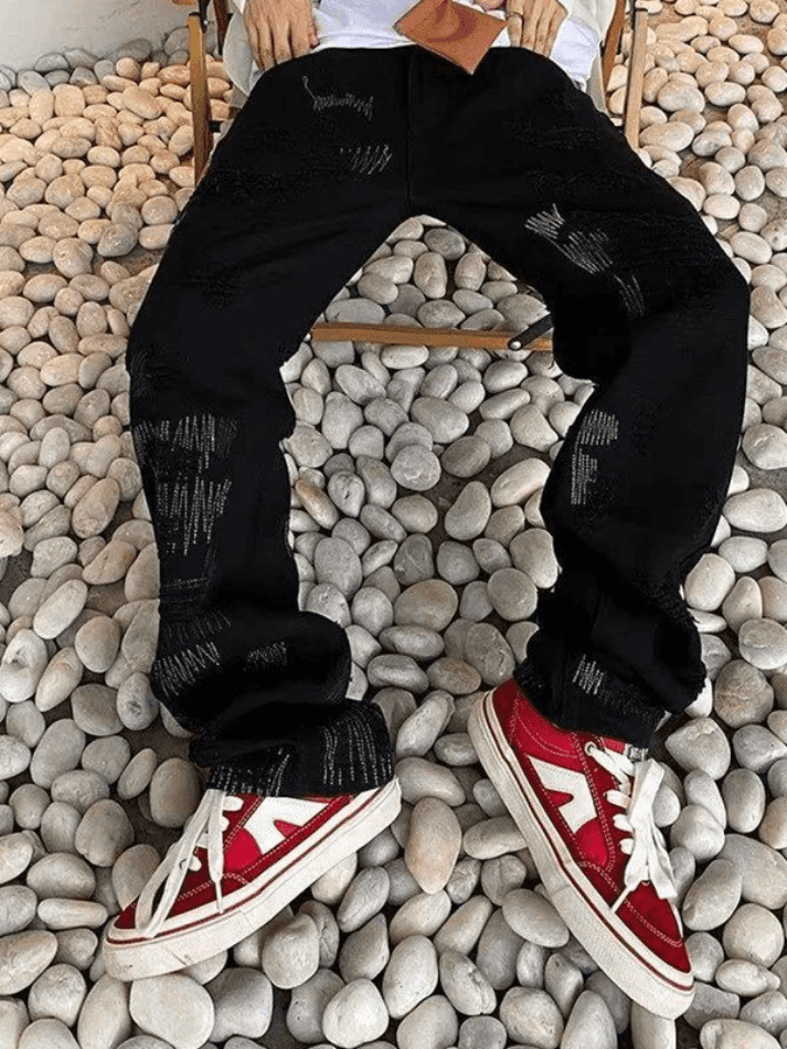 Men's Stitch Detail Distressed Black Loose Jeans - AnotherChill
