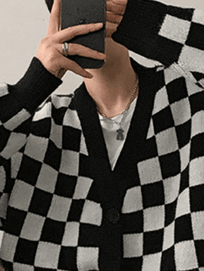 Men's V Neck Checkered Cardigan Sweater - AnotherChill