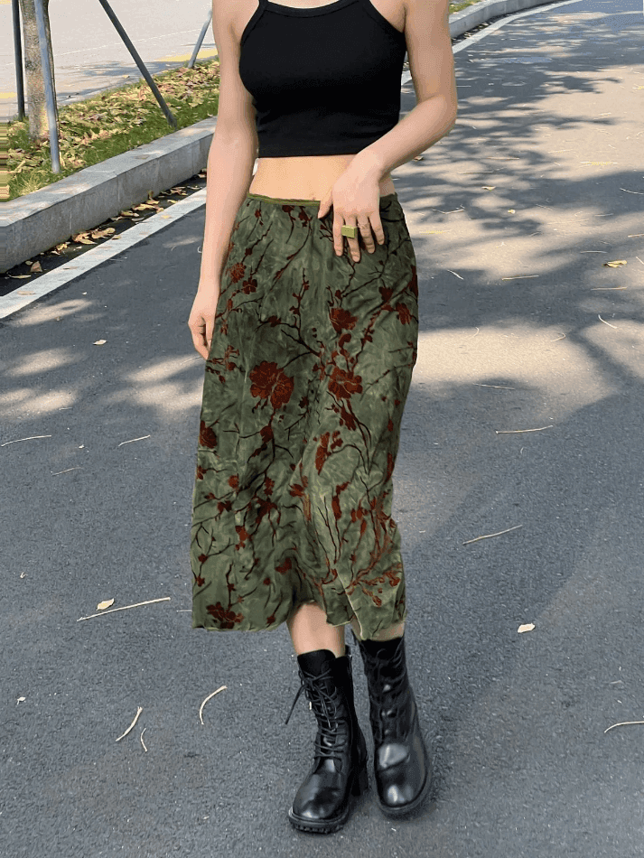 Mesh Lining Vintage Floral Midi Skirt - AnotherChill