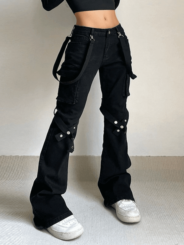 Metal Leg Loop Pocket Straight Cargo Jeans - AnotherChill