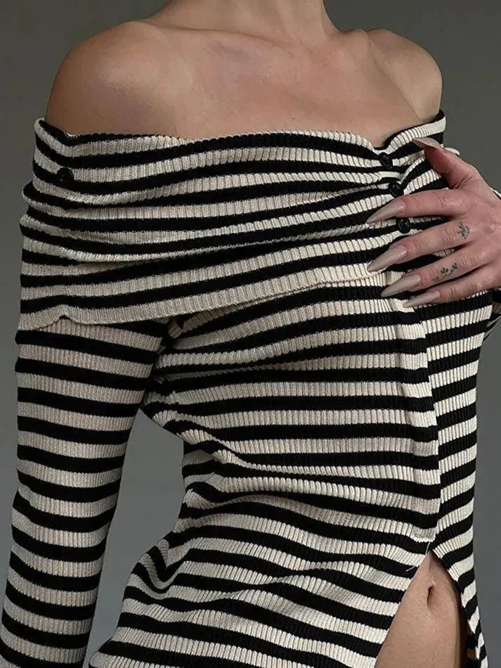 Off-Shoulder Asymmetrical Striped Knit Top - AnotherChill