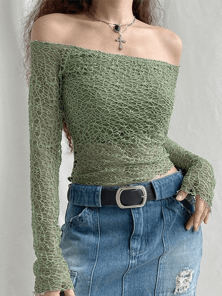 Off Shoulder Mesh Long Sleeve Blouse - AnotherChill