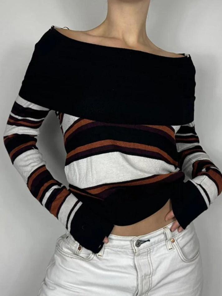 Off Shoulder Striped Print Sweaters - AnotherChill