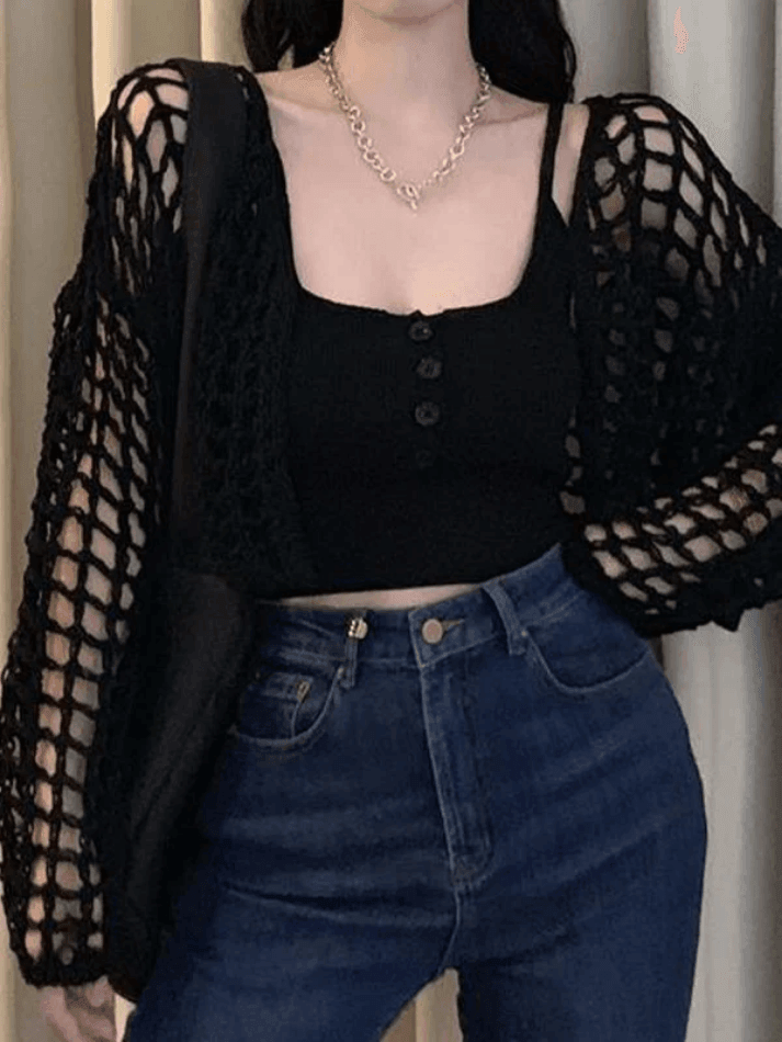 Open Front Hollow Out Crochet Knit Crop Top - AnotherChill