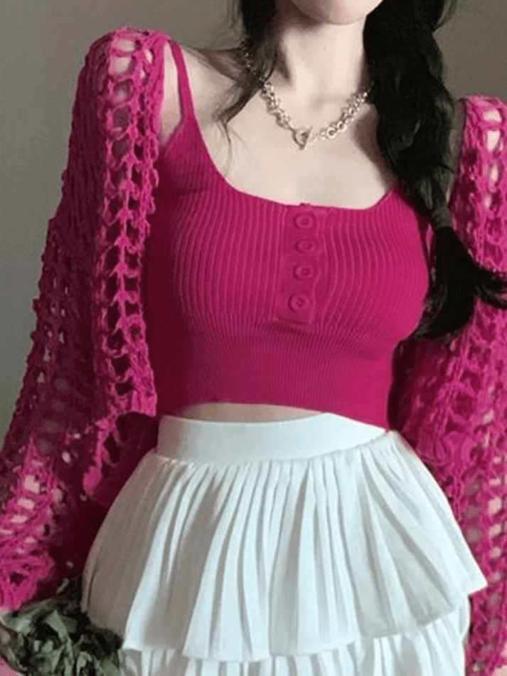 Open Front Hollow Out Crochet Knit Crop Top - AnotherChill