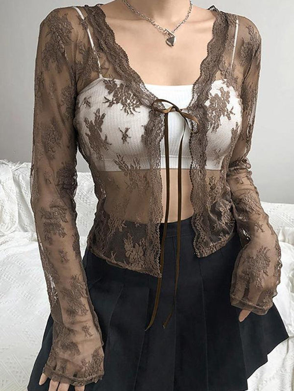 Open Front Lace Long Sleeve Crop Blouse - AnotherChill