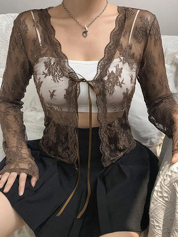 Open Front Lace Long Sleeve Crop Blouse - AnotherChill