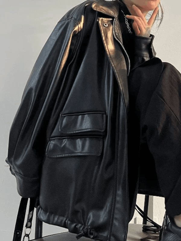 Oversized Black Faux Leather Jacket - AnotherChill