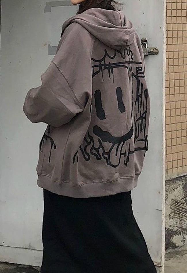 Oversized Graffiti Print Zipper Hoodie - AnotherChill