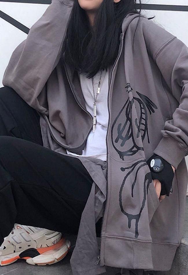 Oversized Graffiti Print Zipper Hoodie - AnotherChill