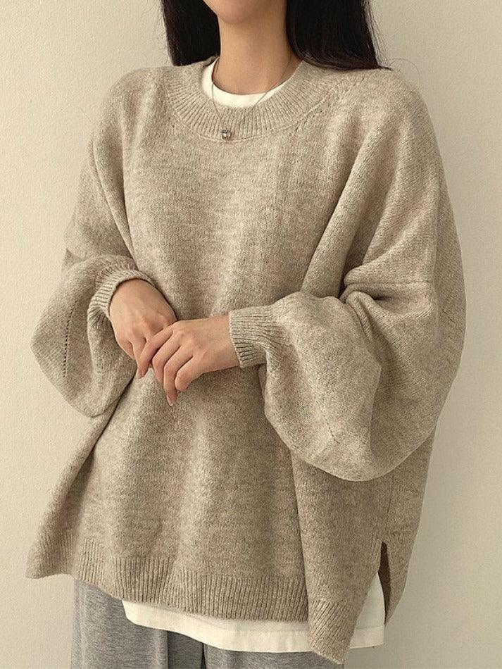 Oversized Split Hem Pullover Sweater - AnotherChill
