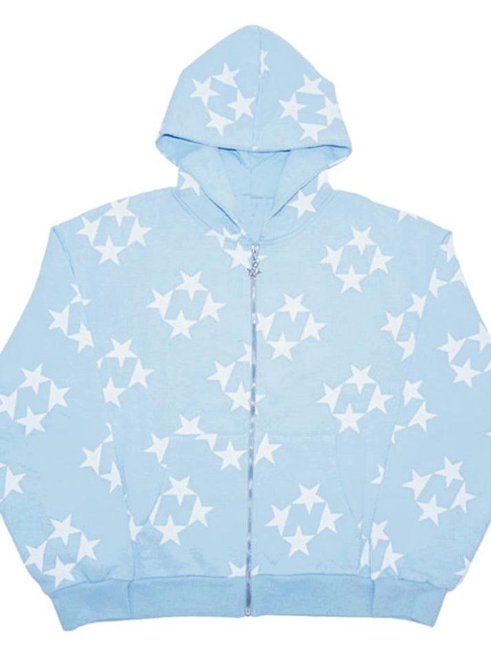 Oversized Star Print Zip Up Hoodie - AnotherChill